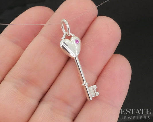 Sterling Tiffany & Co. Pink Sapphire Heart Skeleton Key Pendant 2.2g i19333