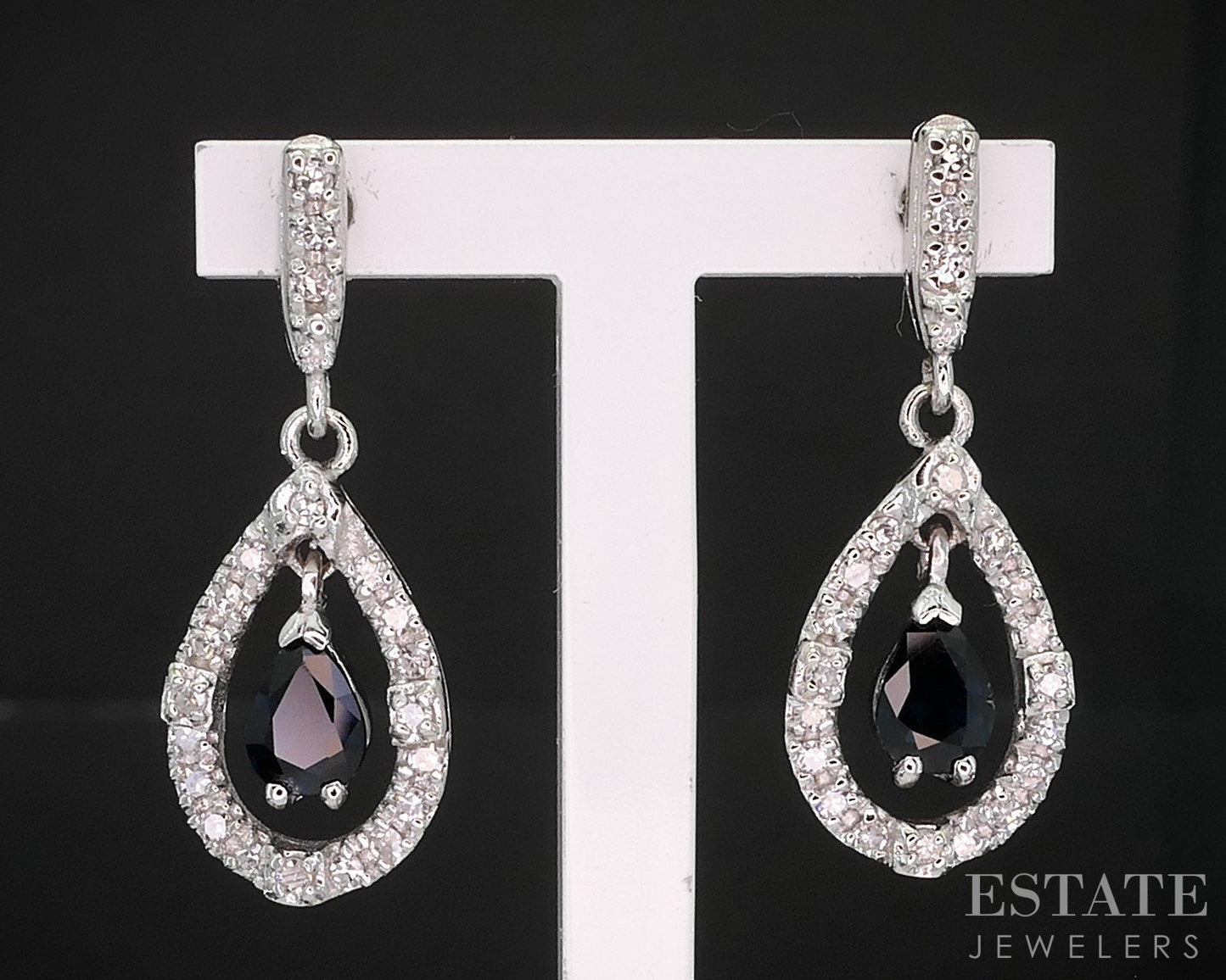 14k White Gold Natural Blue Sapphire & Diamond Tear Drop Earrings 3.9g i19335