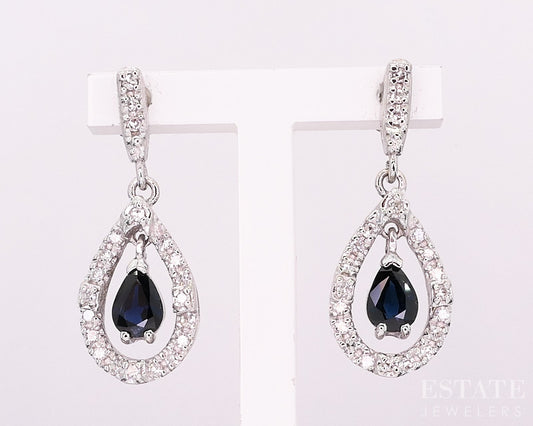 14k White Gold Natural Blue Sapphire & Diamond Tear Drop Earrings 3.9g i19335