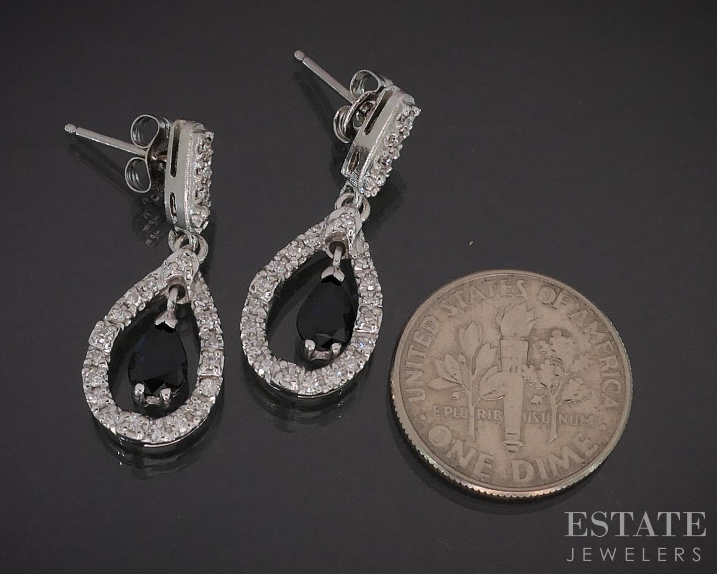 14k White Gold Natural Blue Sapphire & Diamond Tear Drop Earrings 3.9g i19335