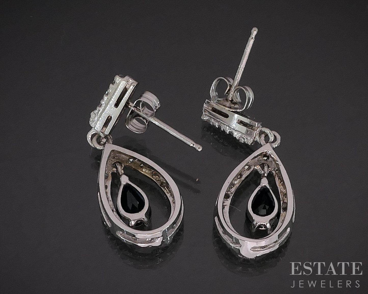 14k White Gold Natural Blue Sapphire & Diamond Tear Drop Earrings 3.9g i19335