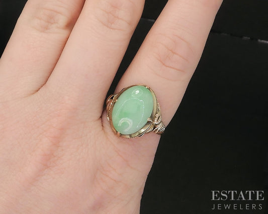 Vintage 14k Yellow Gold Oval Natural Jadeite Jade Ladies Ring 4.6g i19349