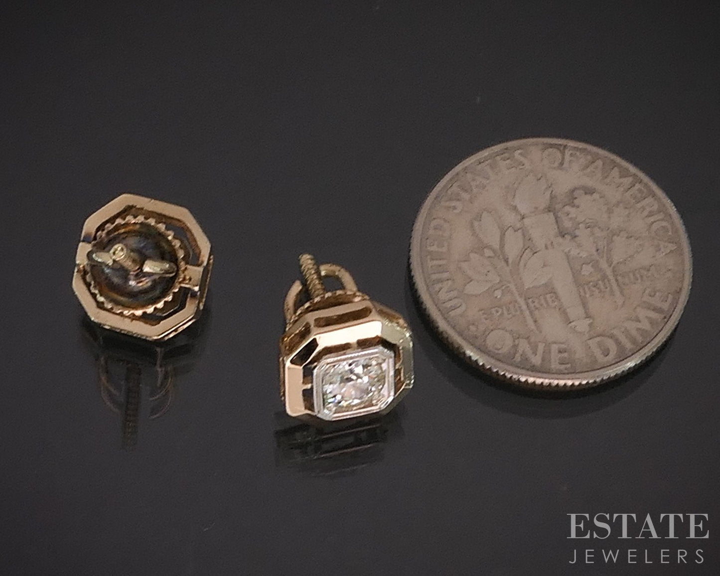 Vintage 10k Yellow Gold OEC Natural .30ctw Diamond Screw Back Earrings i19352