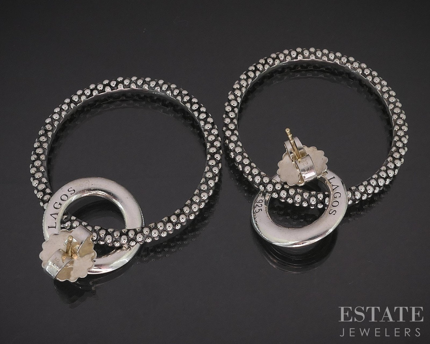 14k & Sterling Lagos Caviar Double Circle Dangle Ladies Earrings 15.1g i19354