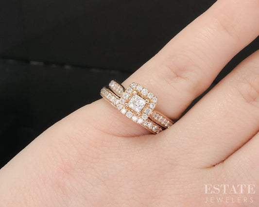 14k Rose Gold Princess LEO Natural .89ctw Diamond Wedding Set 8.1g i19347