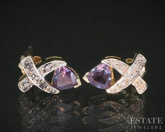 10k Yellow Gold Trillion Cut Alexandrite & Diamond Stud Earrings 1.3g i19384b