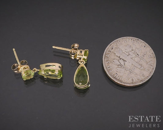 14k Yellow Gold Pear Natural Peridot Teardrop Dangle Earrings 1.2g i19385b