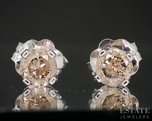 14k White Gold Round Natural .22ctw Champagne Diamond Stud Earrings i19386b