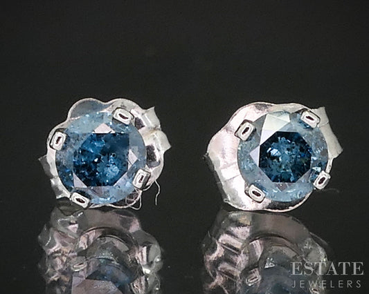 14k White Gold Round Natural .22ctw Blue Diamond Stud Earrings i19387b