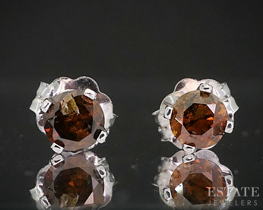 14k White Gold Round Natural .22ctw Orange Diamond Stud Earrings i19392b