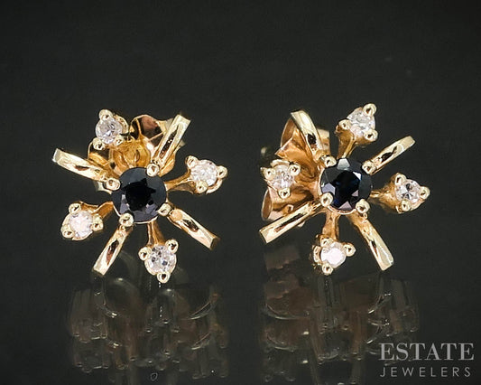 14k Yellow Gold Natural Sapphire & Diamond Cluster Stud Earrings 1.9g i19402b