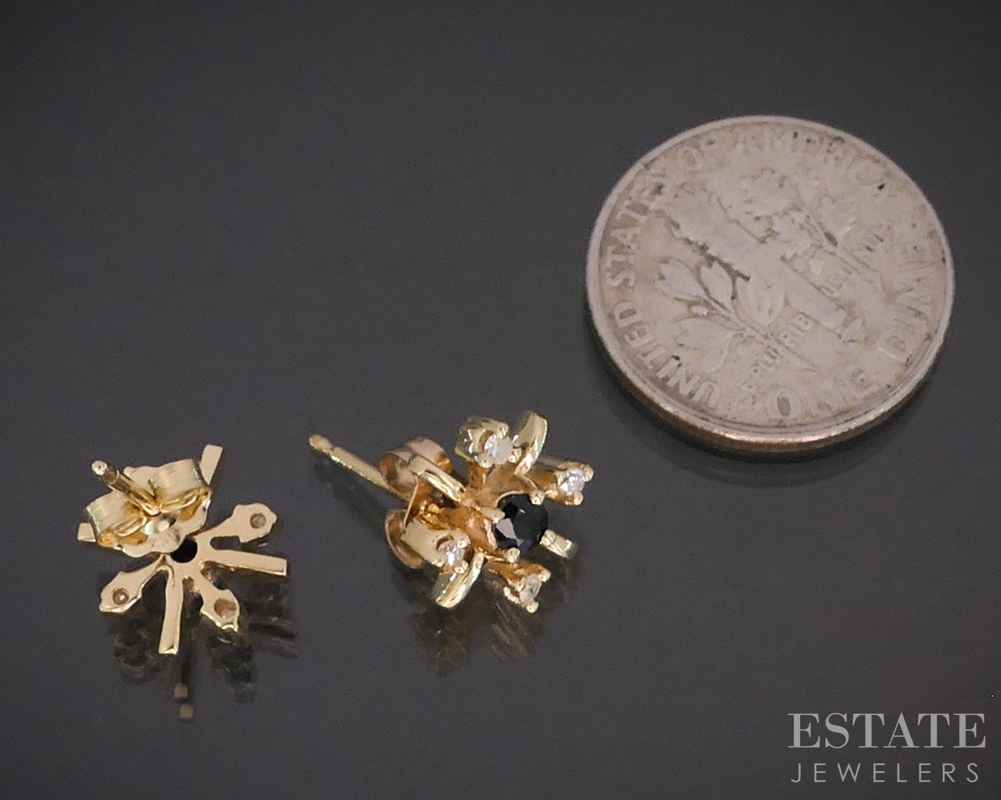 14k Yellow Gold Natural Sapphire & Diamond Cluster Stud Earrings 1.9g i19402b
