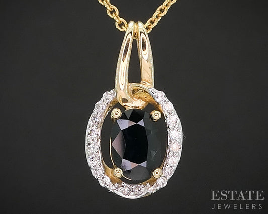 14k Yellow Gold Natural Blue Sapphire & Diamond Halo Necklace 3.4g 18"L i19393b