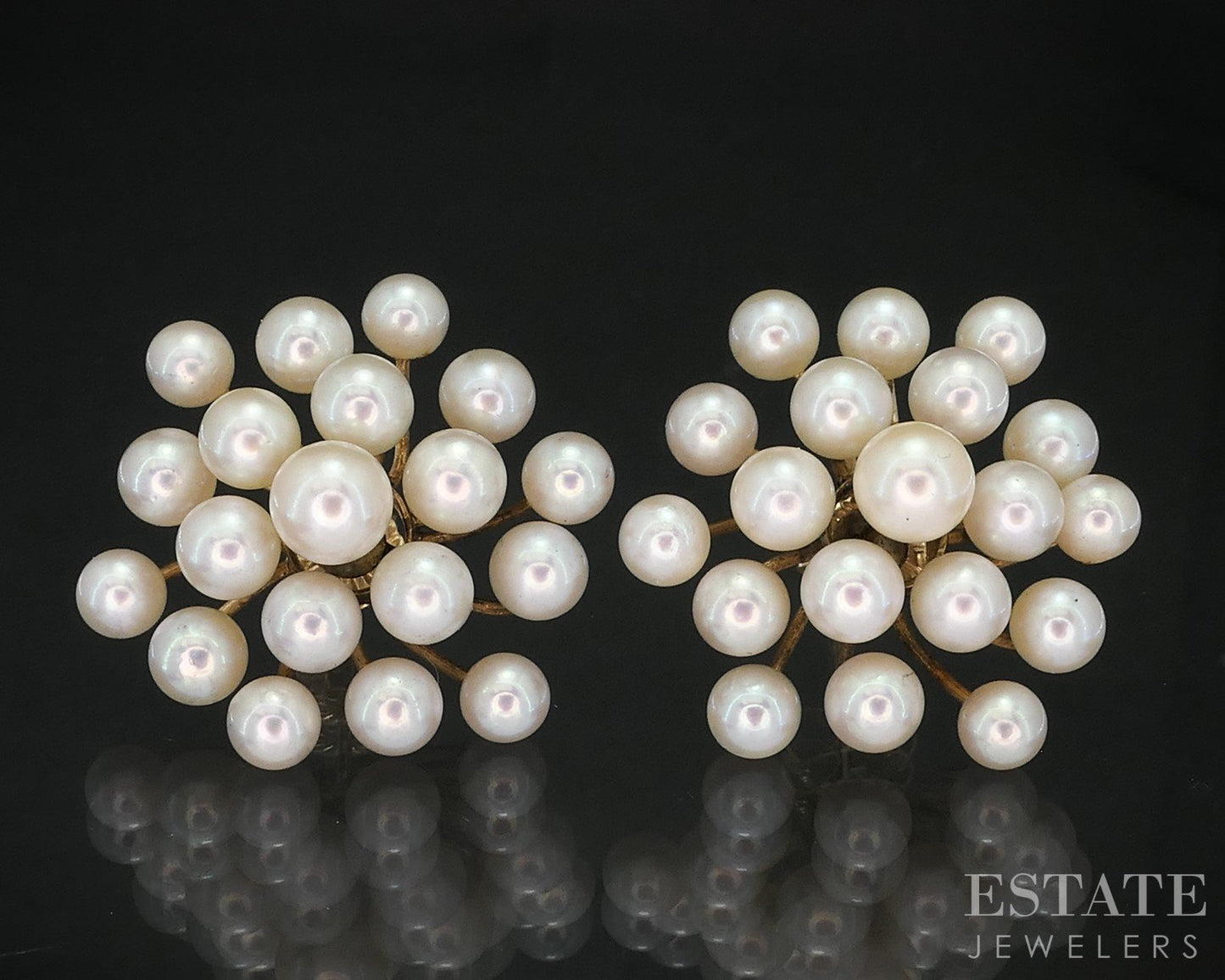 14k Yellow Gold 4-5mm Cultured Akoya Pearl Cluster Stud Earrings 7.3g i19403