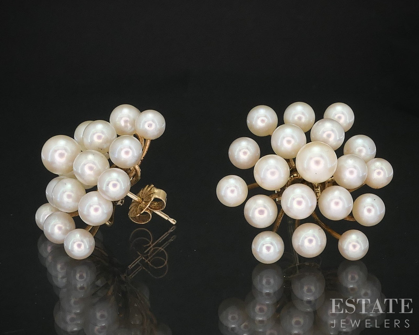 14k Yellow Gold 4-5mm Cultured Akoya Pearl Cluster Stud Earrings 7.3g i19403