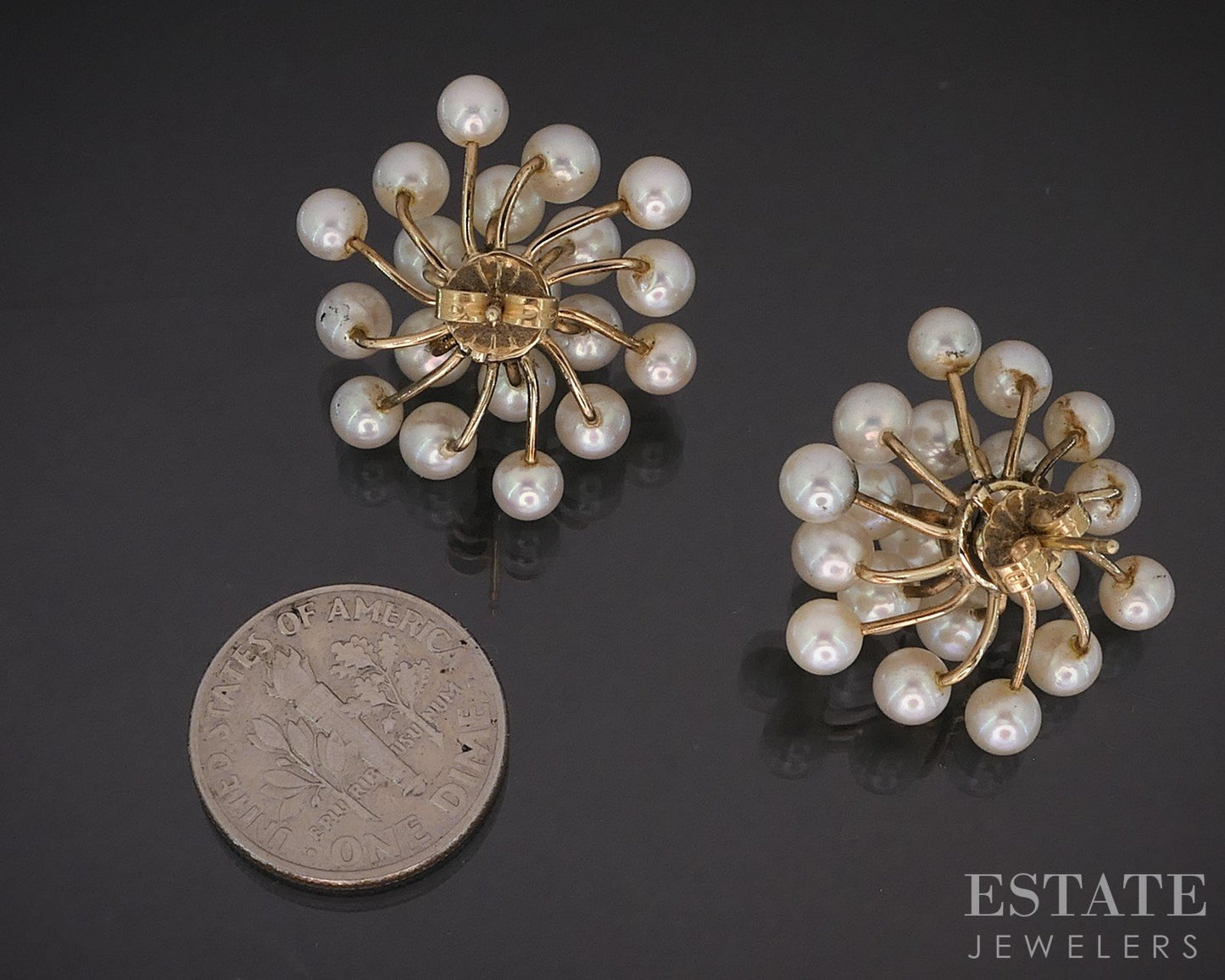 14k Yellow Gold 4-5mm Cultured Akoya Pearl Cluster Stud Earrings 7.3g i19403