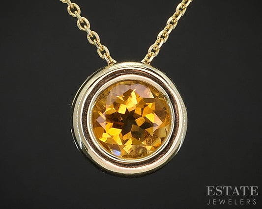 14k Yellow Gold EFFY Round Natural Citrine Bezel Solitaire Necklace 3.4g i19404