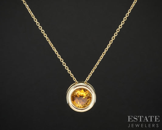 14k Yellow Gold EFFY Round Natural Citrine Bezel Solitaire Necklace 3.4g i19404