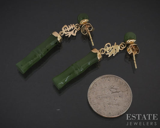 Antique 14k Yellow Gold Natural Green Jade Bamboo Dangle Earrings 3.9g i19473b