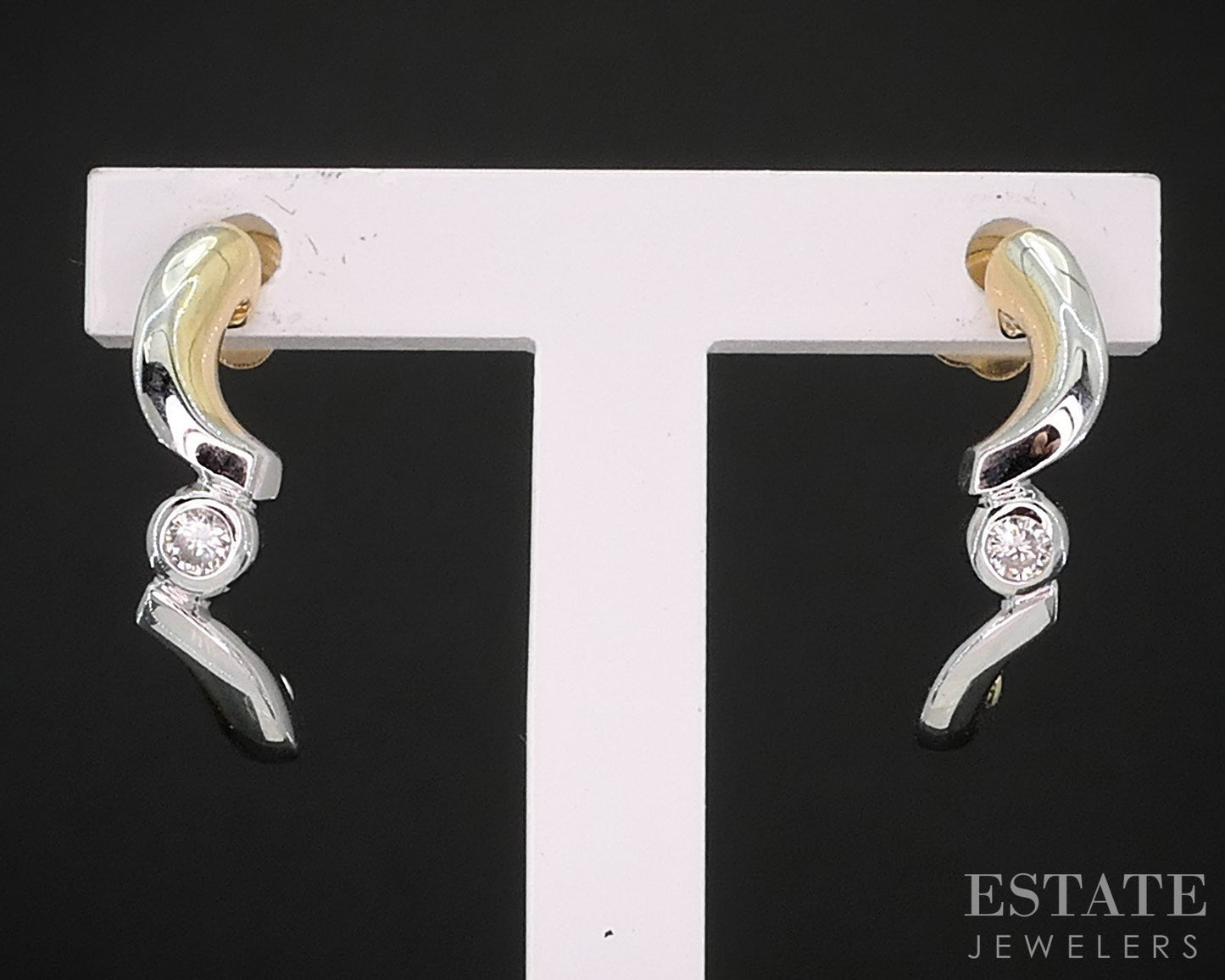 14k Yellow & White Gold Natural .05ctw Diamond J Hoop Earrings 1.9g i19467b