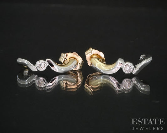 14k Yellow & White Gold Natural .05ctw Diamond J Hoop Earrings 1.9g i19467b