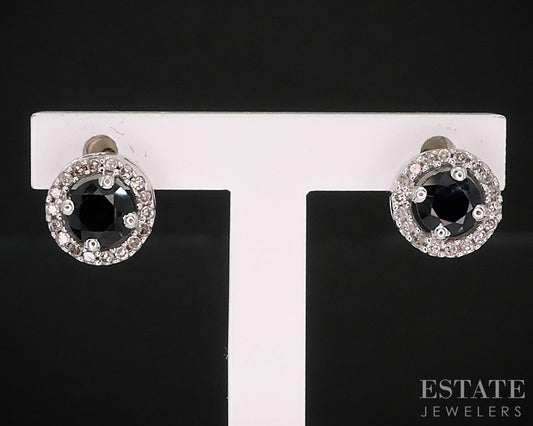 14k White Gold Natural Blue Diamond & Sapphire Halo Stud Earrings 1.5g i19471b