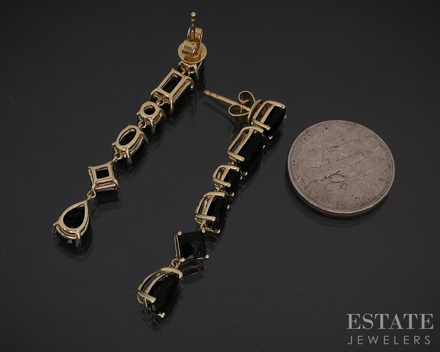 14k Yellow Gold EFFY Natural Black Onyx Dangle Ladies Earrings 4.4g i19462b