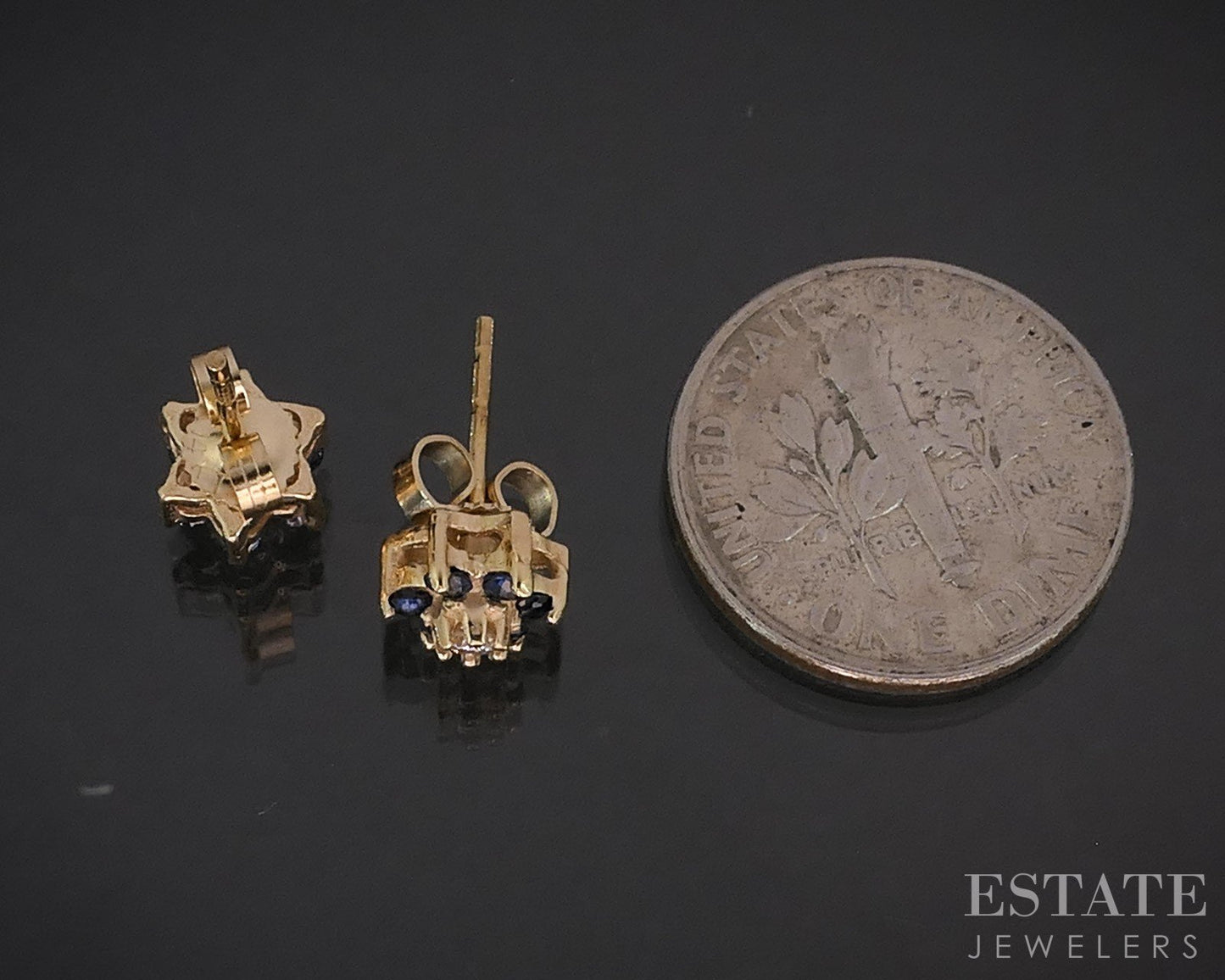 14k Yellow Gold Natural Sapphire & Diamond Cluster Stud Earrings 1.5g i19474b