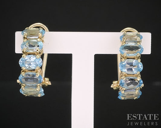 14k Yellow Gold Natural Blue Topaz Half Hoop Omega Back Earrings 3g i19468b