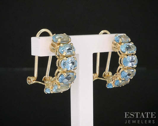 14k Yellow Gold Natural Blue Topaz Half Hoop Omega Back Earrings 3g i19468b
