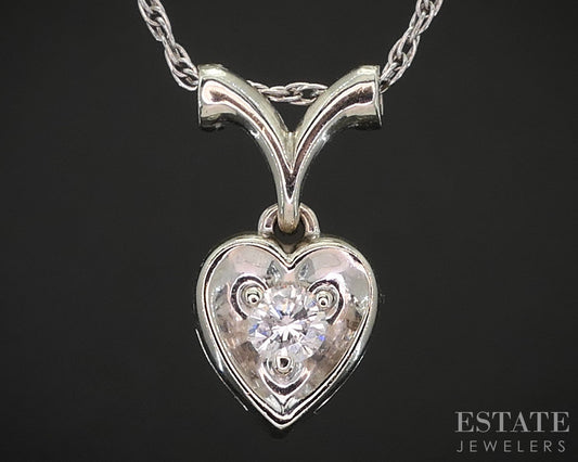 Vintage 14k White Gold Natural Diamond Heart Necklace 2.1g 16"L i19457b
