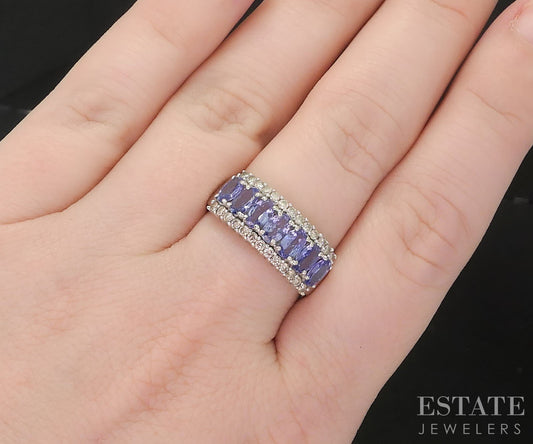 14k White Gold Natural Tanzanite & Diamond Ladies Band Ring 4g i19440b