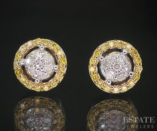 10k White Gold Natural Yellow & White Diamond Button Stud Earrings 1.3g i19438b
