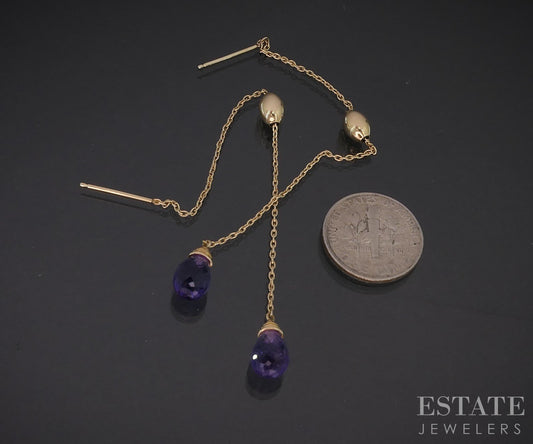 14k Yellow Gold Natural Amethyst Stringer Dangle Earrings 2.3g i19449b