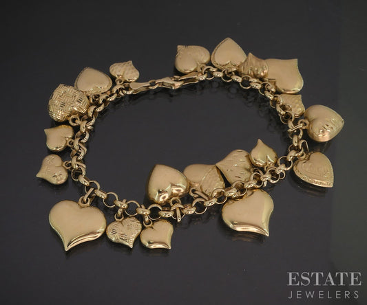 14k Yellow Gold Puffy Heart Charm Ladies Bracelet 14.7g 7"L i19435b