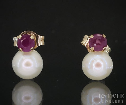 10k Yellow Gold 4.6mm Cultured Pearl & Ruby Stud Ladies Earrings i19436b