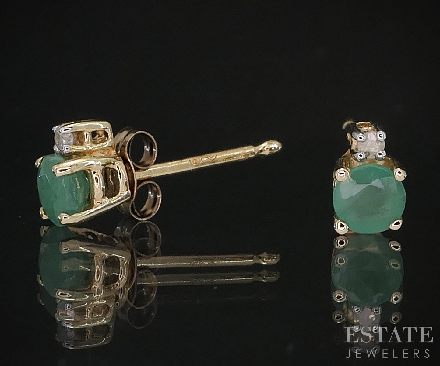 10k Yellow Gold Natural Emerald & Diamond Stud Earrings 0.6g i19431b