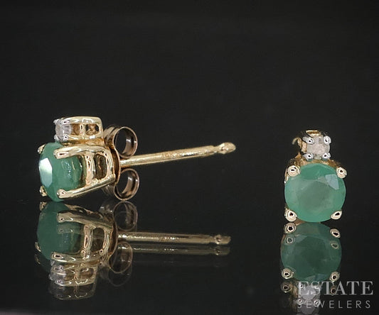 10k Yellow Gold Natural Emerald & Diamond Stud Earrings 0.6g i19431b