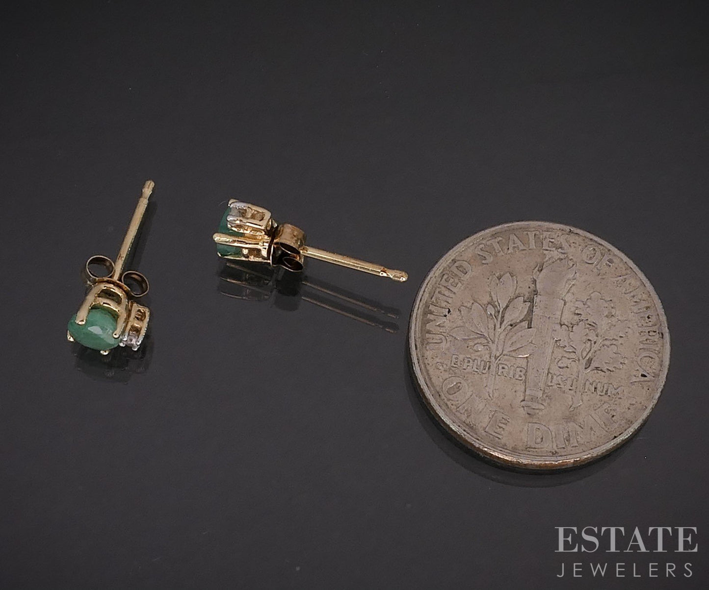 10k Yellow Gold Natural Emerald & Diamond Stud Earrings 0.6g i19431b