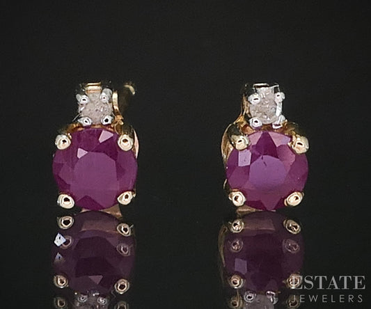 10k Yellow Gold Natural Ruby & Diamond Stud Earrings 0.6g i19443b