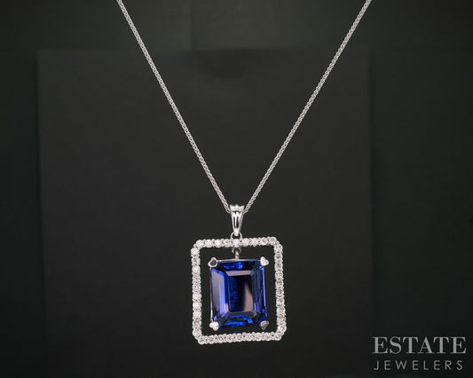 14k White Gold Natural 5ct Tanzanite & Diamond Necklace 5.9g 18"L i19507