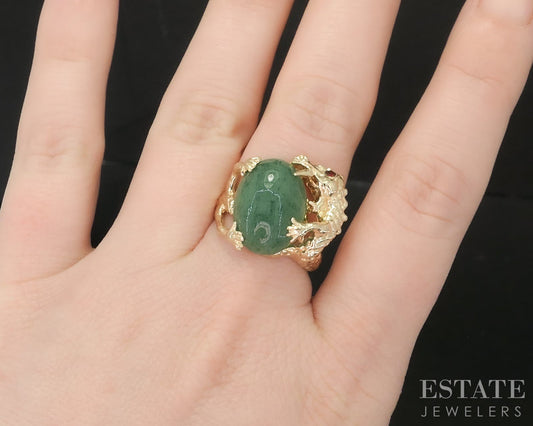 Vintage 14k Yellow Gold Oval Natural Aventurine & Diamond Dragon Ring 9g i19477