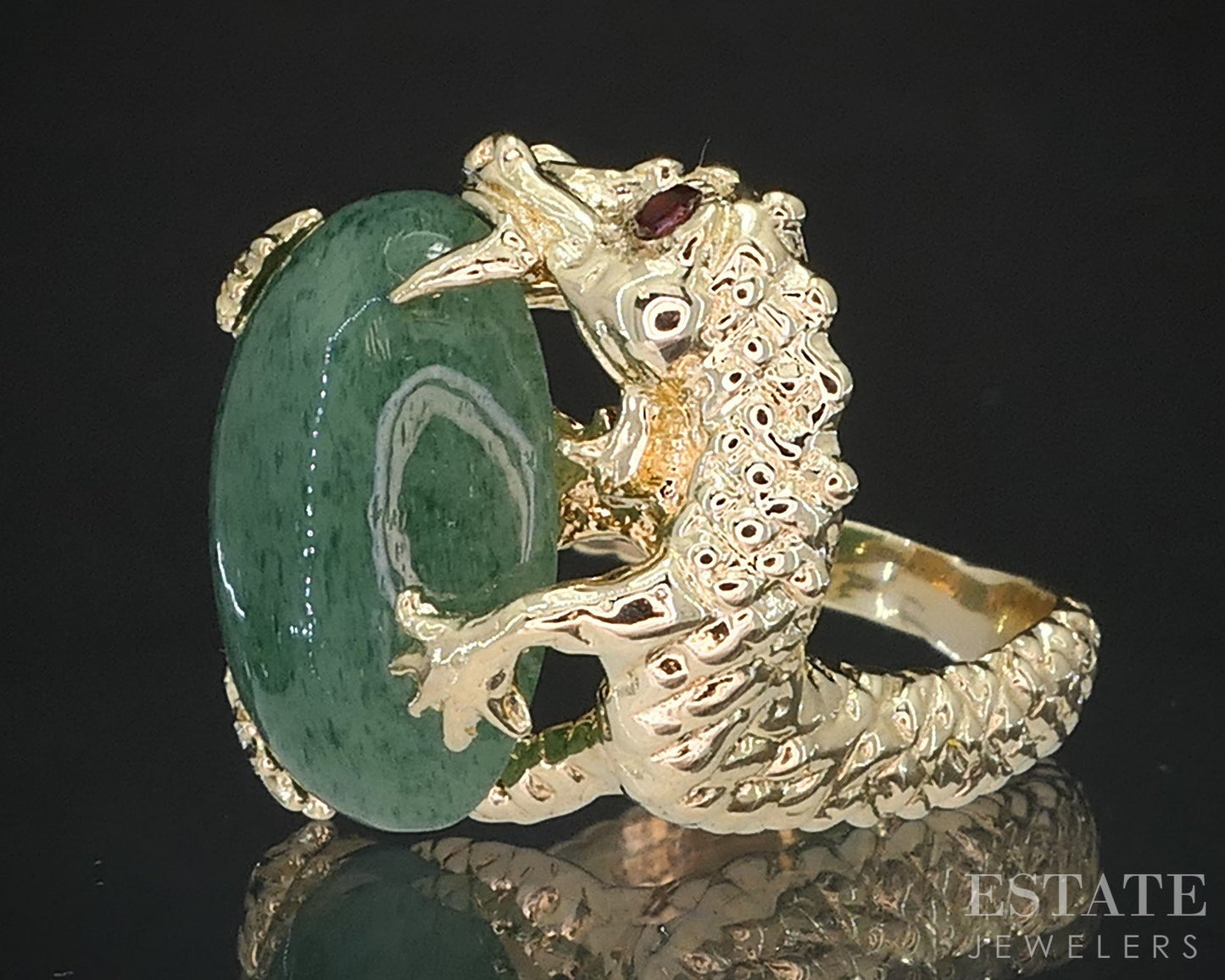 Vintage 14k Yellow Gold Oval Natural Aventurine & Diamond Dragon Ring 9g i19477