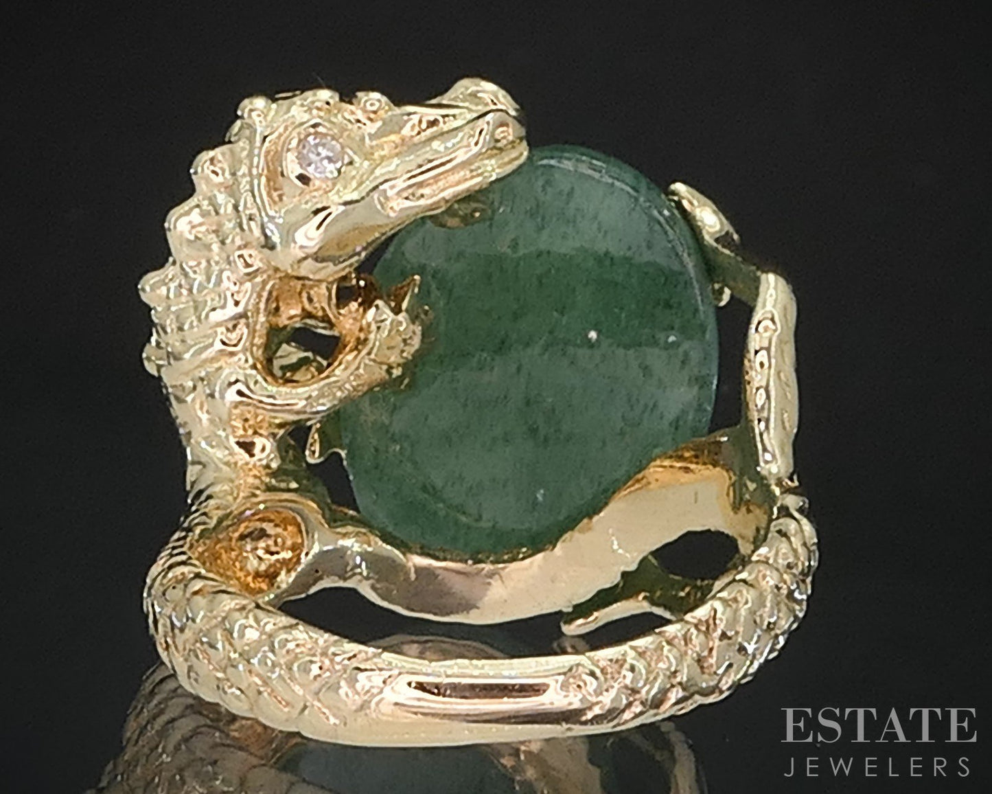 Vintage 14k Yellow Gold Oval Natural Aventurine & Diamond Dragon Ring 9g i19477