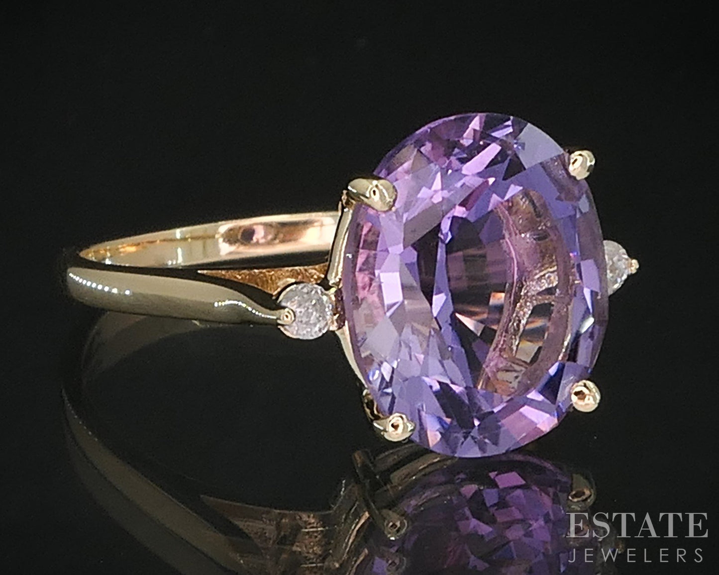 14k Yellow Gold Oval Natural Amethyst & Diamond Ladies Ring 3.3g i19423