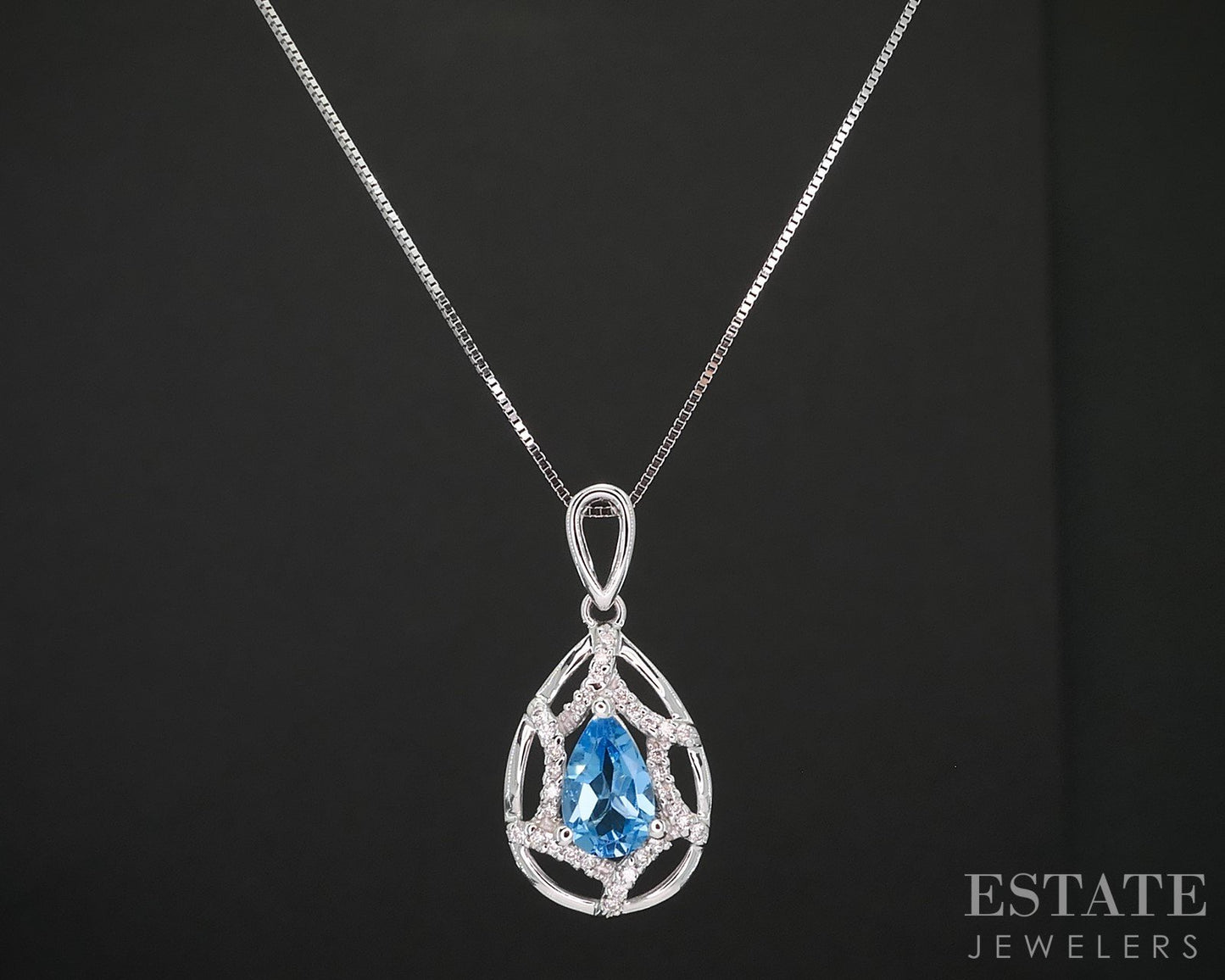 14k White Gold Pear Natural Blue Topaz & Diamond Ladies Necklace 3g 18"L i19417