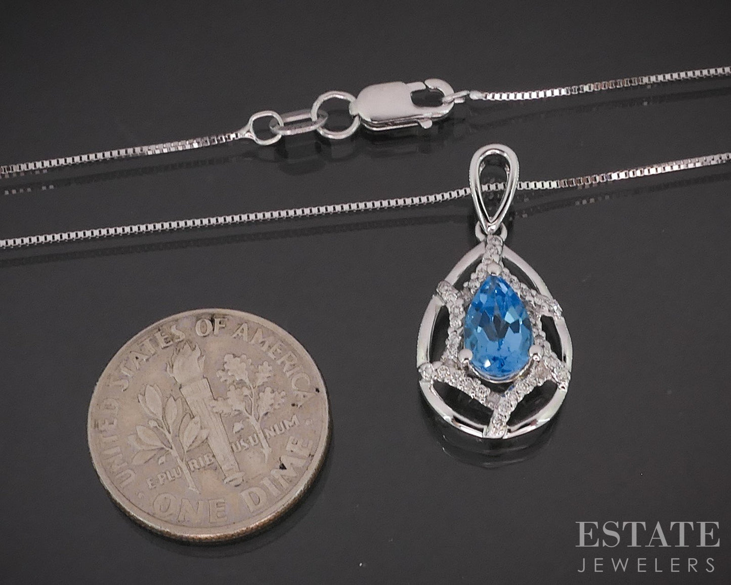 14k White Gold Pear Natural Blue Topaz & Diamond Ladies Necklace 3g 18"L i19417