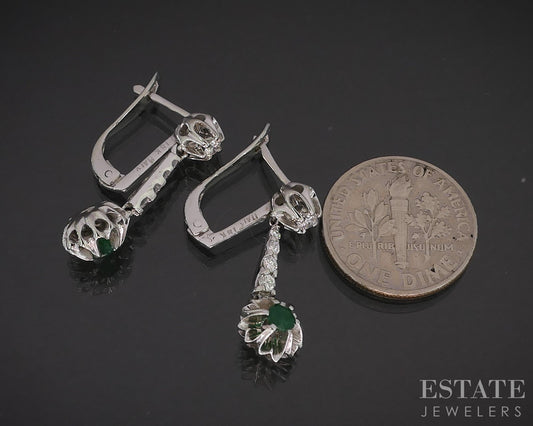 Vintage 18k White Gold Natural Emerald & Diamond Dangle Earrings 4.8g i19458