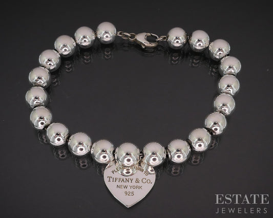Sterling Tiffany & Co. Return Heart Charm Beaded Chain Bracelet 14g 7.5"L i19424
