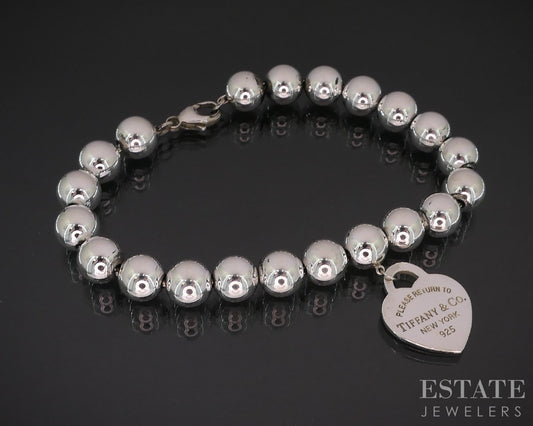 Sterling Tiffany & Co. Return Heart Charm Beaded Chain Bracelet 14g 7.5"L i19424